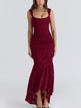 House of CB Burgundy Lace Ruched Evening Gown